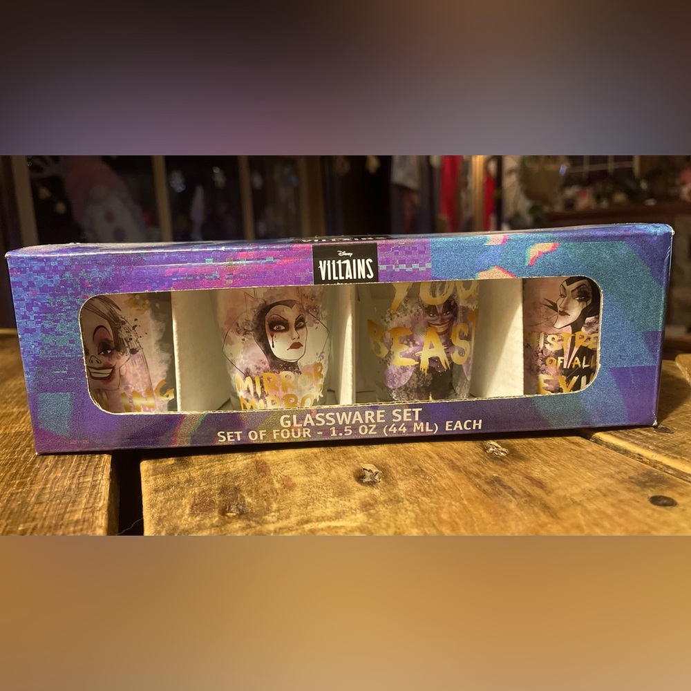 Disney Villains Shot Glass Set and Skull glass with Mason Jar Top